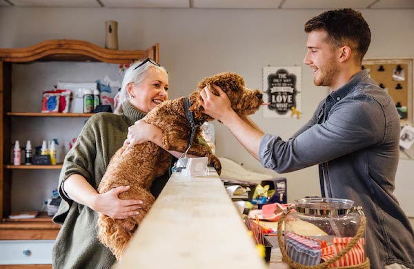 Person completing a payment at a pet groomer